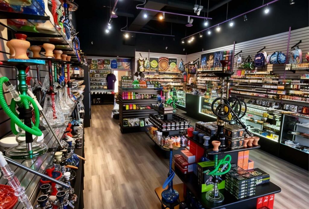 Fully stocked modern Shisha Store Broken Arrow interior with colorful hookahs and flavors.