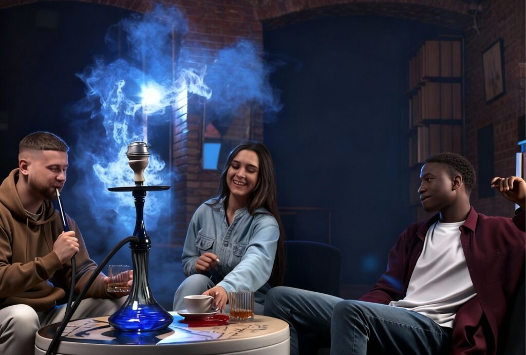 Friends enjoying smooth shisha session in cozy lounge at Shisha Store Broken Arrow.