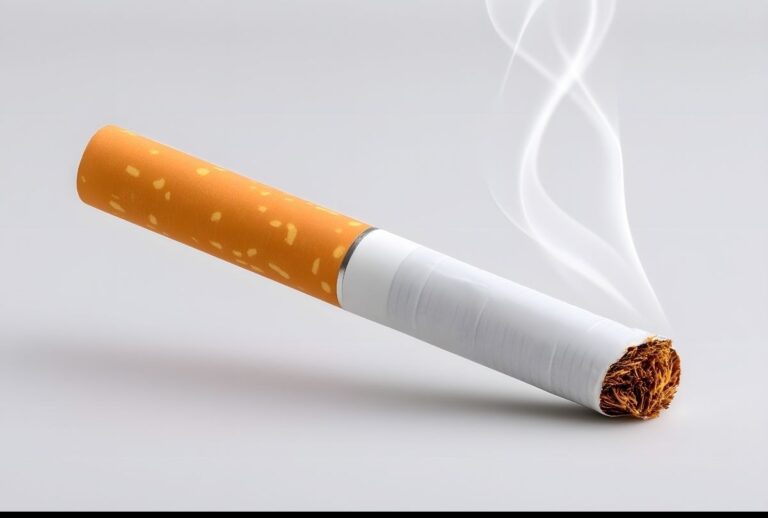 Single lit cigarette with rising smoke promoted by cigarette shop Tulsa for tobacco users seeking classic smoking options.