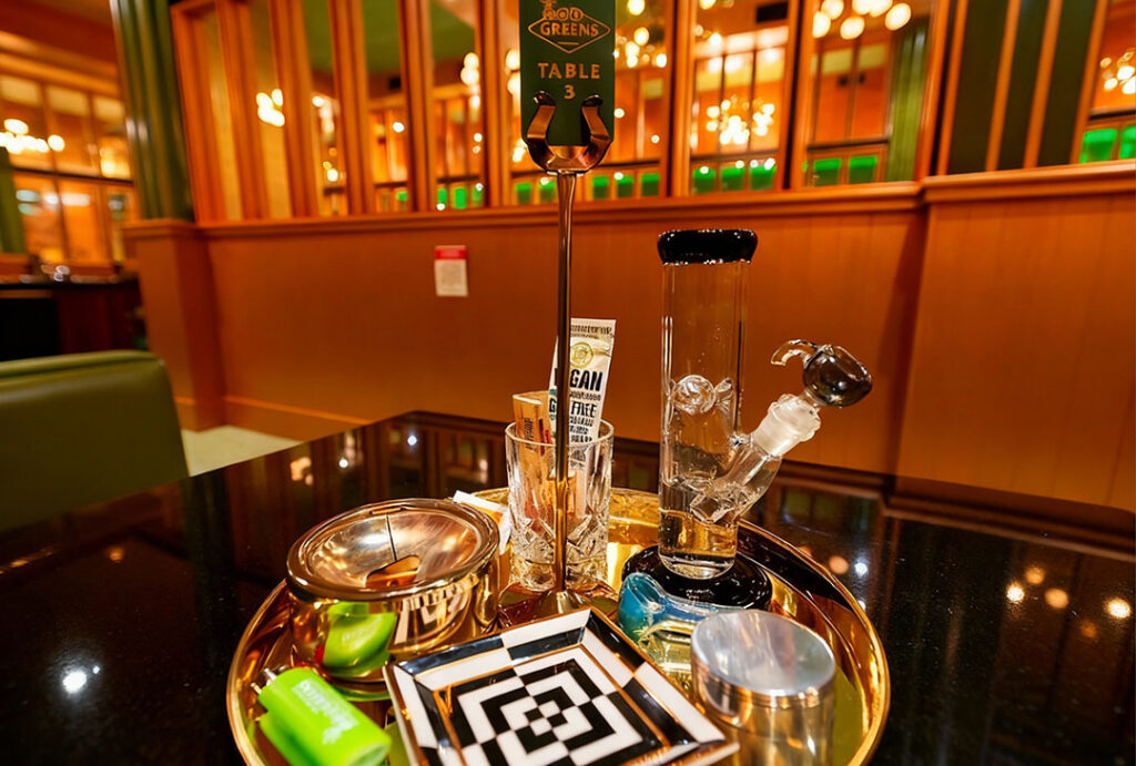 Luxury bong setup with grinder and lighter on gold tray at upscale Smoke Store Broken Arrow.
