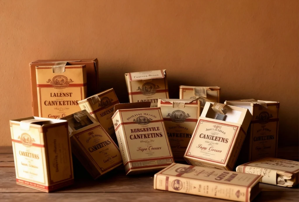 Vintage Canketins cigarette packs in sepia tones, nostalgic display at CBD Shop Tulsa.