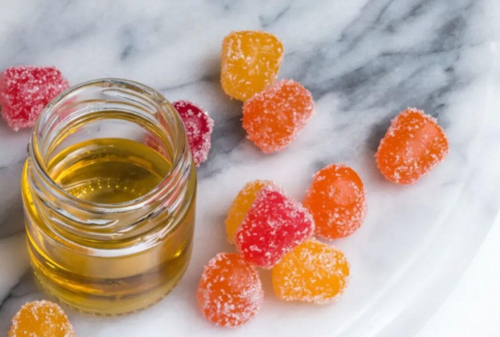 Colorful CBD gummies beside golden oil jar at CBD Shop Owasso, your trusted source for premium edibles and tinctures locally.