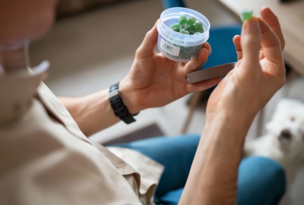 Hand holding green CBD gummy from container at CBD Shop Owasso, offering top-quality wellness treats for daily relaxation.