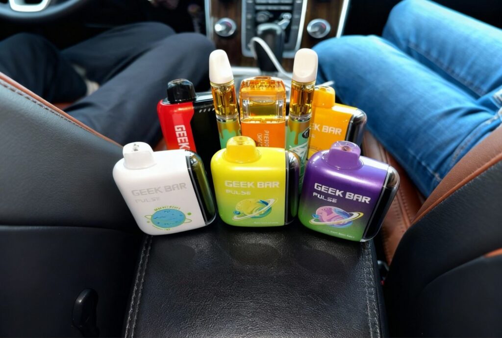 Geek Bar Pulse disposable vapes in multiple flavors lined up at Vape Shop Sapulpa.