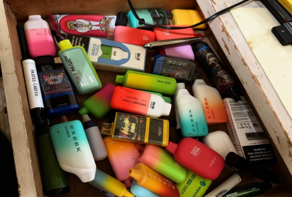 Drawer overflowing with colorful Geek Bar, Exeek & Pastel Cartel vapes at Vape Shop Sapulpa.