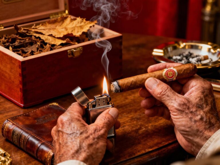 Hand lighting a premium cigar with a wooden box at Cigar Shop Tulsa, your top destination for fine cigars and accessories in the area.