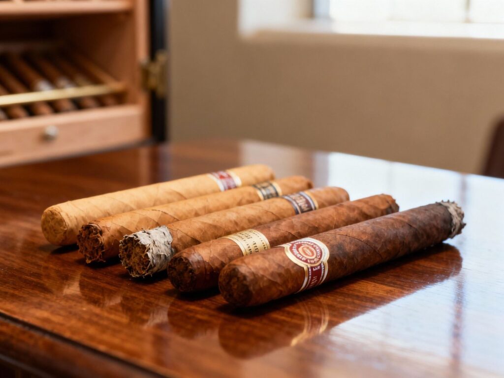 Elegant display of assorted cigars on a table at Cigar Shop Tulsa, offering a premium selection for cigar enthusiasts locally.