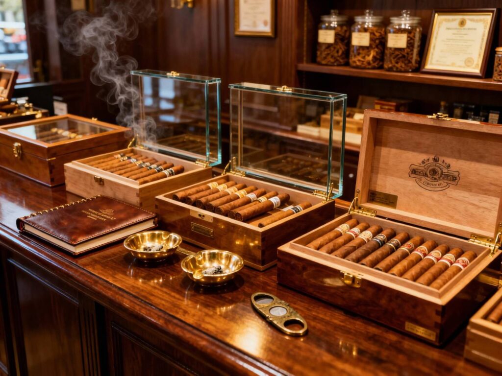 Luxurious cigar boxes open with smoke at Cigar Shop Tulsa, showcasing high-quality cigars and a refined shopping experience nearby.