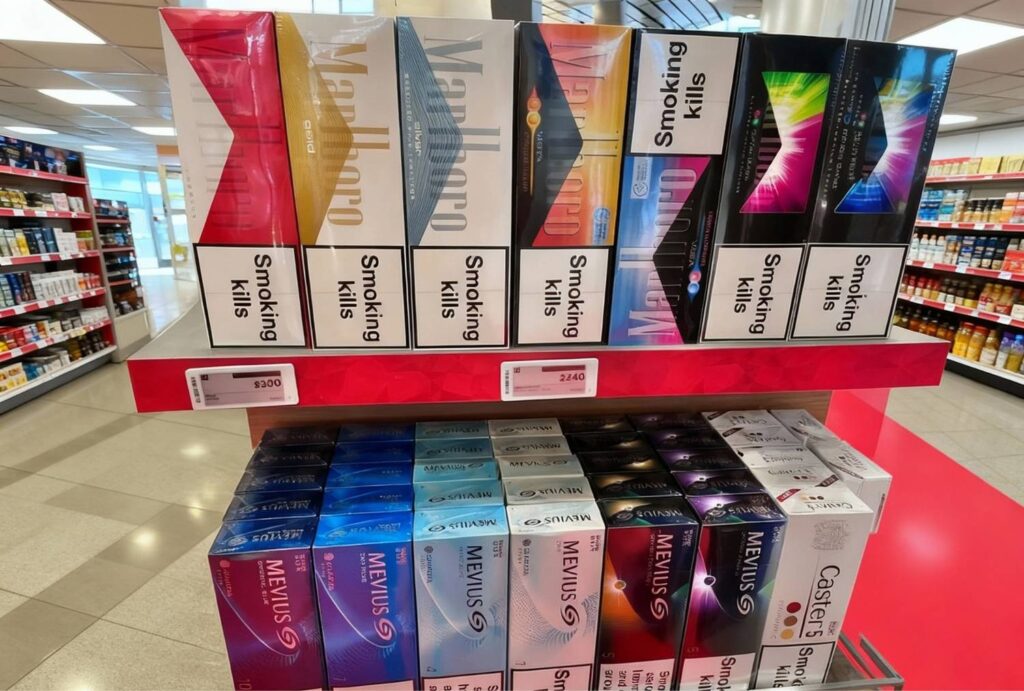 Marlboro and Mevius cigarette varieties neatly stocked on shelves at Cigarette Shop Broken Arrow.