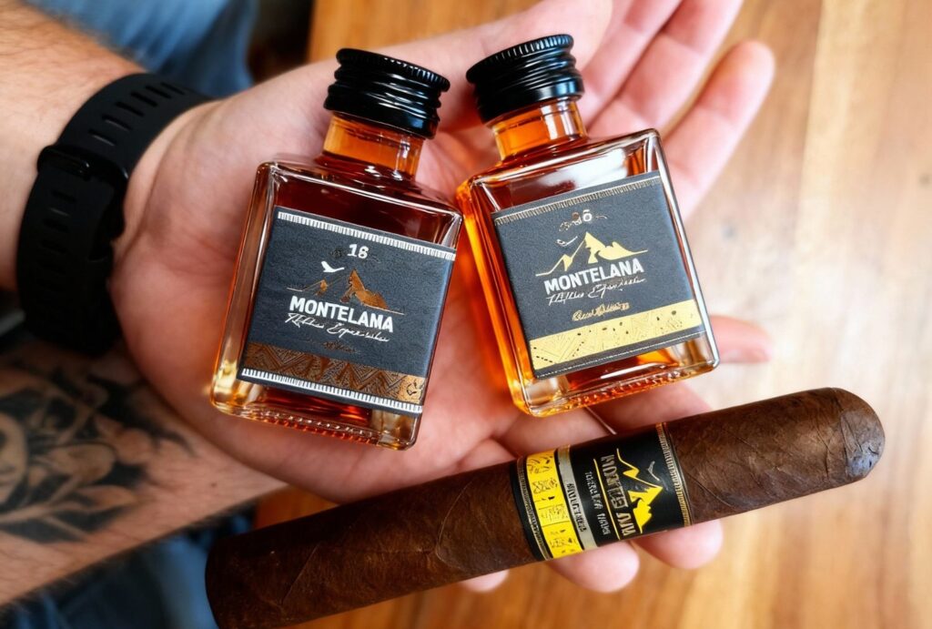 Montelana whiskey minis paired with handcrafted cigar in palm at Cigar Shop Sapulpa tasting experience.