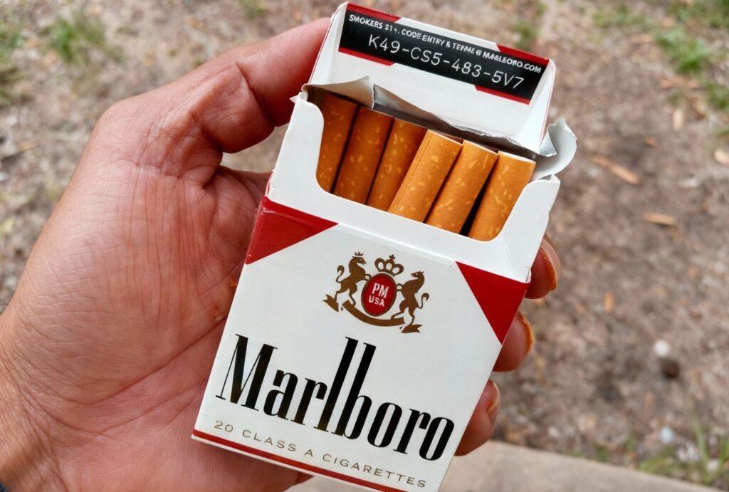 Hand holding an open pack of Marlboro cigarettes purchased at a Tobacco Store Broken Arrow.