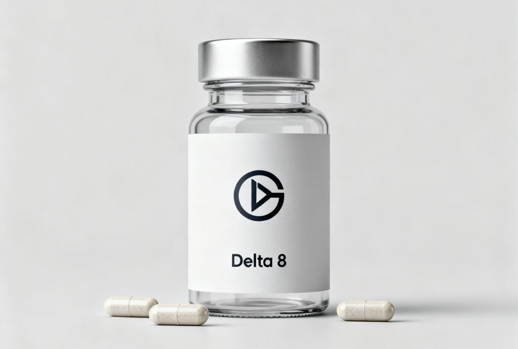 Delta 8 capsules bottle with loose pills – available at Cloud Chaserz Smoke Shop Owasso