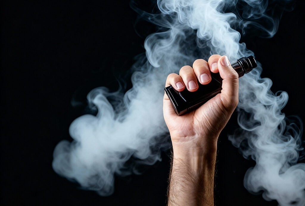 Hand holding a large vape device producing thick clouds for Vape Juice Broken Arrow customers.