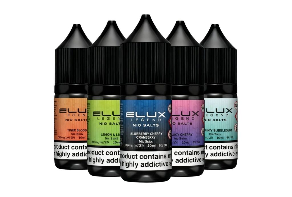 Six colorful bottles of Muri Freeze Vape Juice Broken Arrow on a counter at Cloud Chaserz.