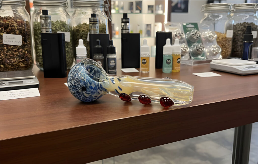 Artistic blue frit glass pipes Sapulpa with red accents shown alongside premium vape supplies and storage jars.