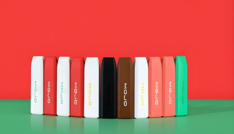 A colorful lineup of various flavored Mojo disposable vapes Owasso products shown in a row against a vibrant red backdrop.