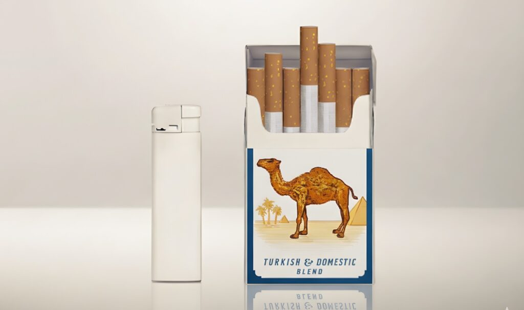 White lighter next to a pack of Camel cigarettes at a tobacco store Houston, showcasing Turkish and Domestic blends.