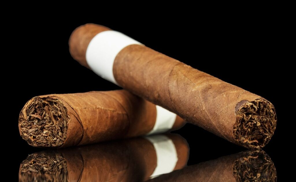 Pair of finely crafted brown cigars with white bands from the local cigar store Owasso selection.