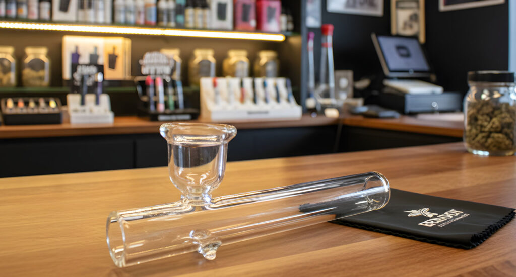 High-quality clear scientific glass pipes Sapulpa in a steamroller style displayed on a professional shop counter.