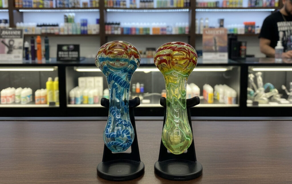Vibrant hand-blown colorful glass pipes Sapulpa featuring unique swirl patterns on stands in a local smoke shop.