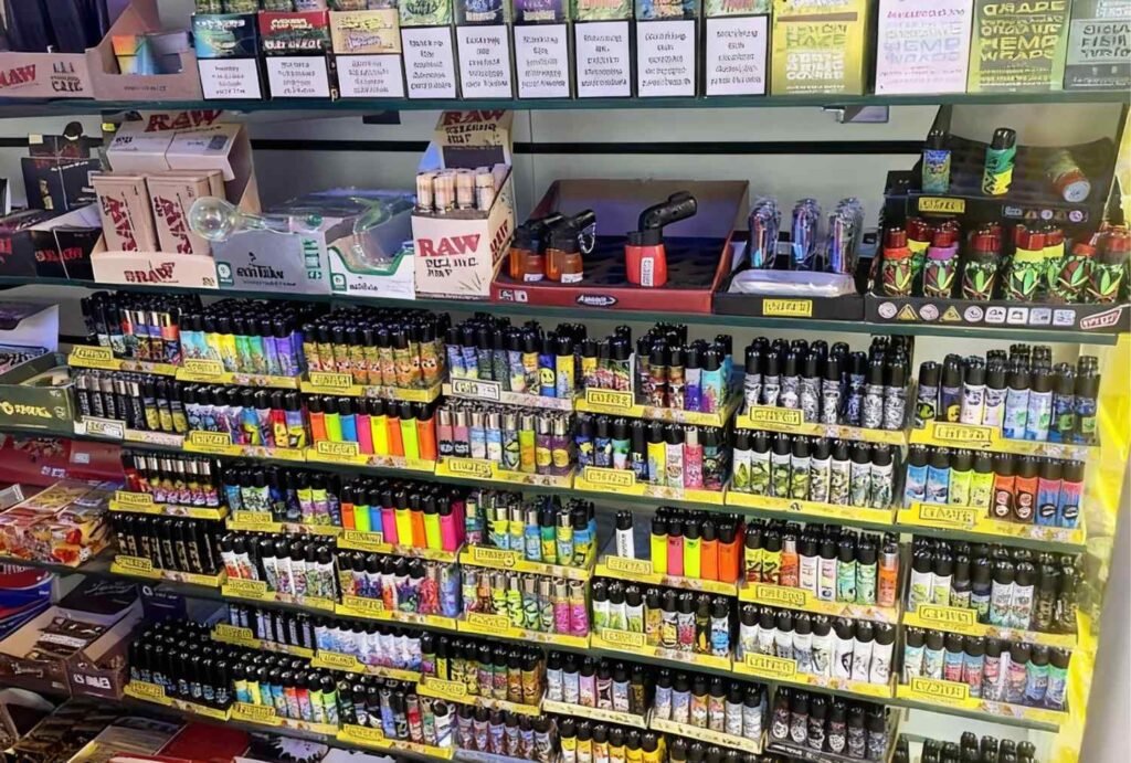 Full wall of Clipper lighters, RAW, and premium disposables at N20 Owasso – your one-stop vape shop