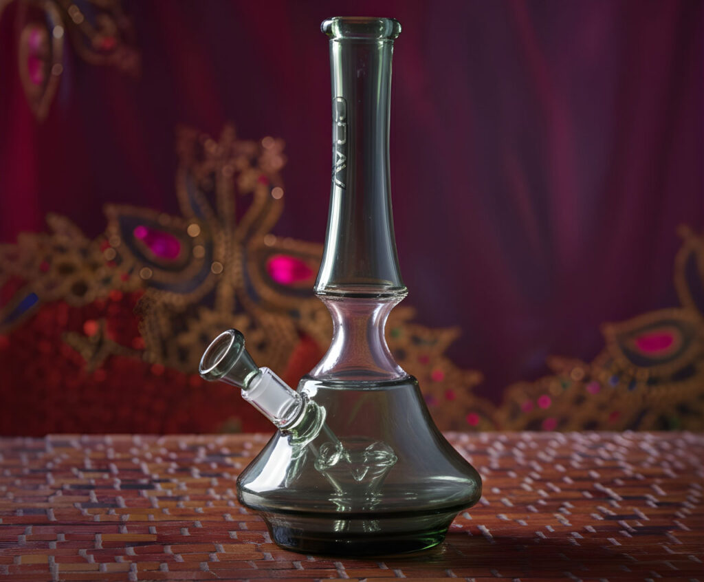 Elegant GRAV glass water pipe rig with clear downstem and bowl on display at a top-rated head shop Tulsa dispensary.