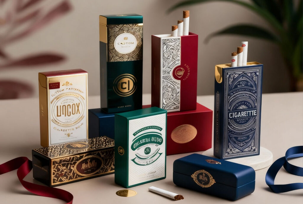 Elegant luxury and vintage-style CBD cigarette packs displayed on pedestals.