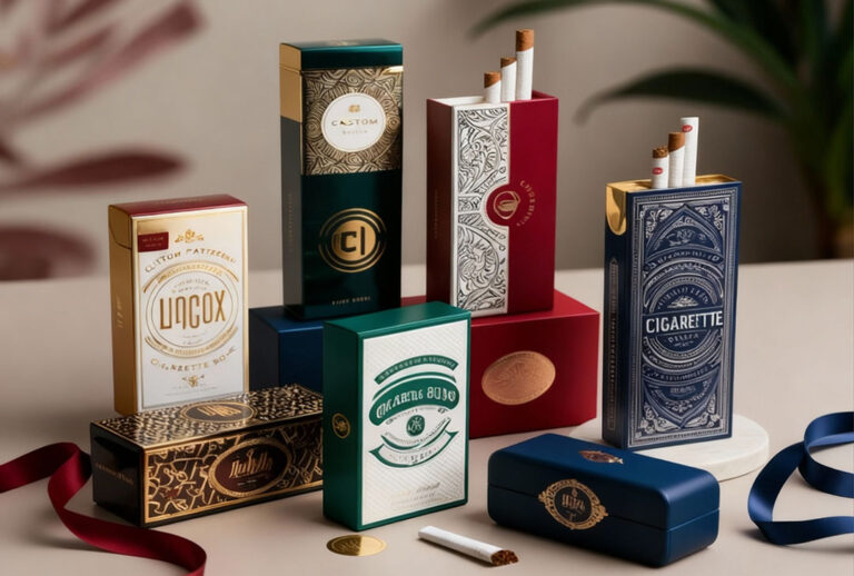 Elegant luxury and vintage-style CBD cigarette packs displayed on pedestals.