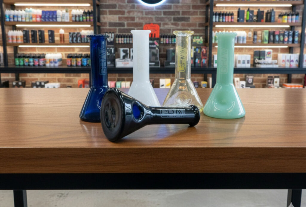 Vibrant multi-color mini GRAV beaker glass pipes Sapulpa available in various styles for portable and easy sessions.