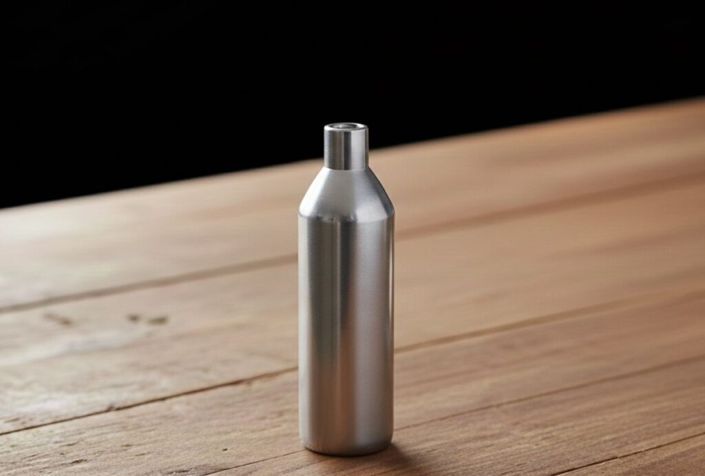 Sleek silver N2O charger for whipped cream dispenser on wood surface, available at n20 whipped cream Sapulpa for ideal dessert creations.