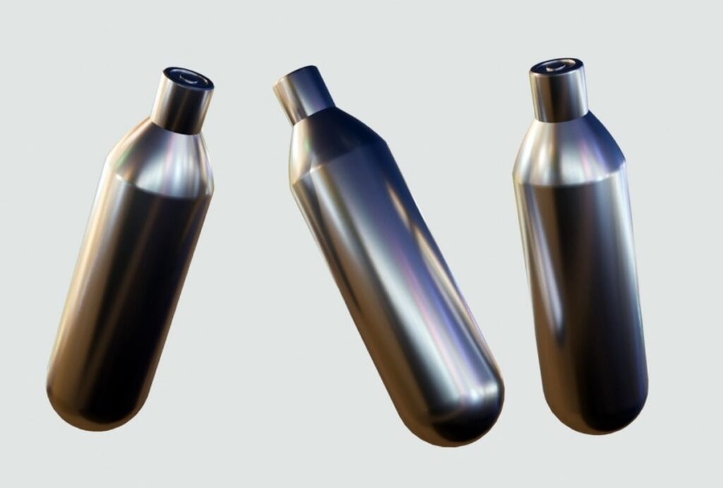 Shiny chrome-like N2O whipped cream chargers shown in dynamic angles, in stock at n20 whipped cream Sapulpa for professional kitchen needs.