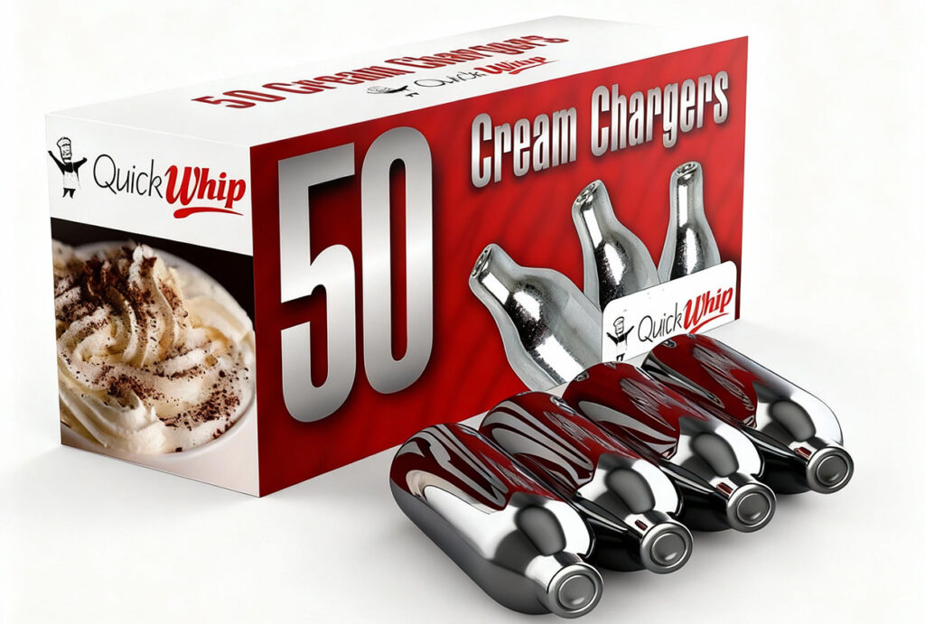 Red box of 50 QuickWhip nitrous oxide cream chargers Sapulpa – ideal for cafes and parties