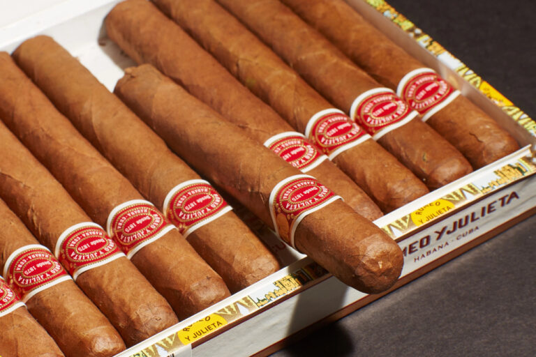 Open box of premium Romeo y Julieta Habana cigars showcasing rich tobacco leaves at top cigar shop Broken Arrow for enthusiasts.