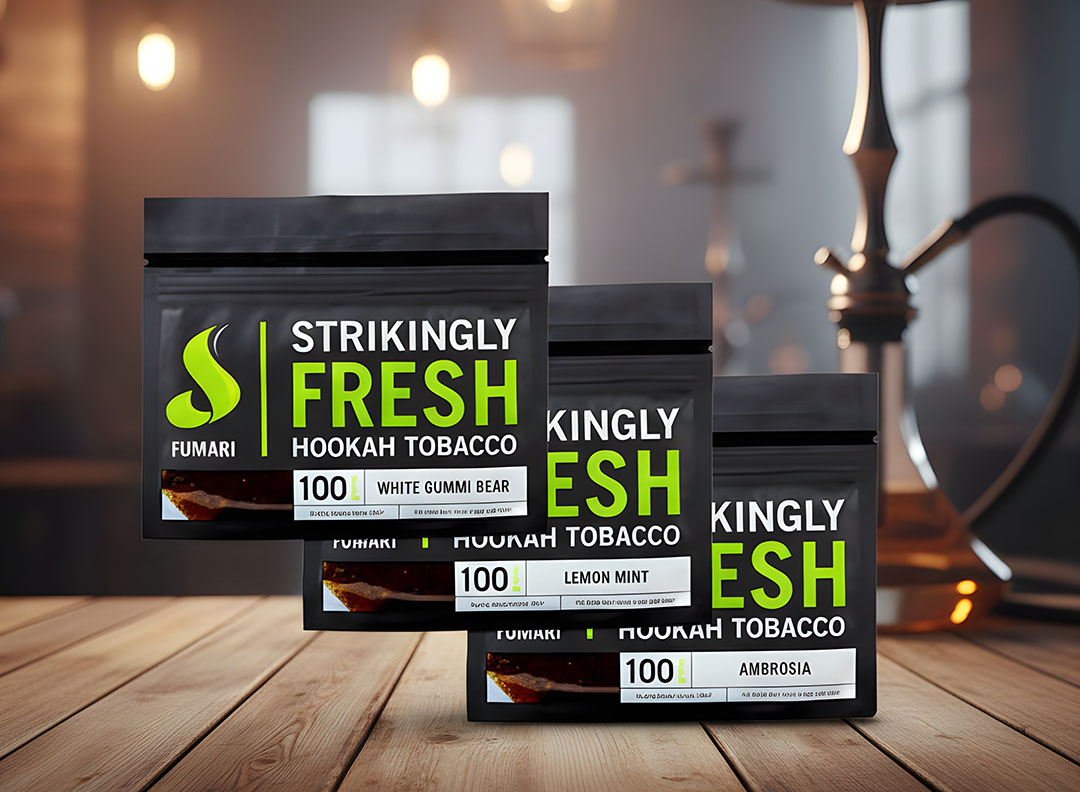 Premium Fumari hookah tobacco pouches featuring White Gummi Bear and Lemon Mint flavors from a shisha store tulsa.