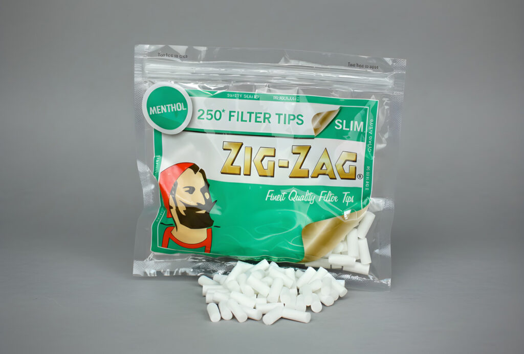 Zig-Zag menthol slim filter tips 250 count pack for hand-rolled cigarettes from a local smoke shop Broken Arrow.