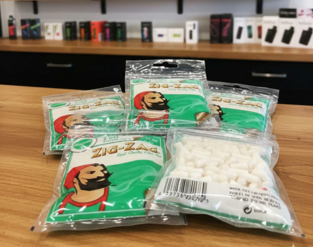 Display of green Zig-Zag filter tip bags on a wooden counter at a well-stocked smoke shop Broken Arrow storefront.