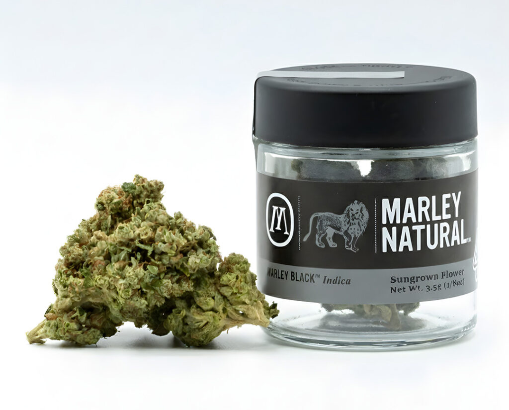 Marley Natural Marley Black Indica sungrown cannabis flower and jar from a premier smoke shop Tulsa dispensary.