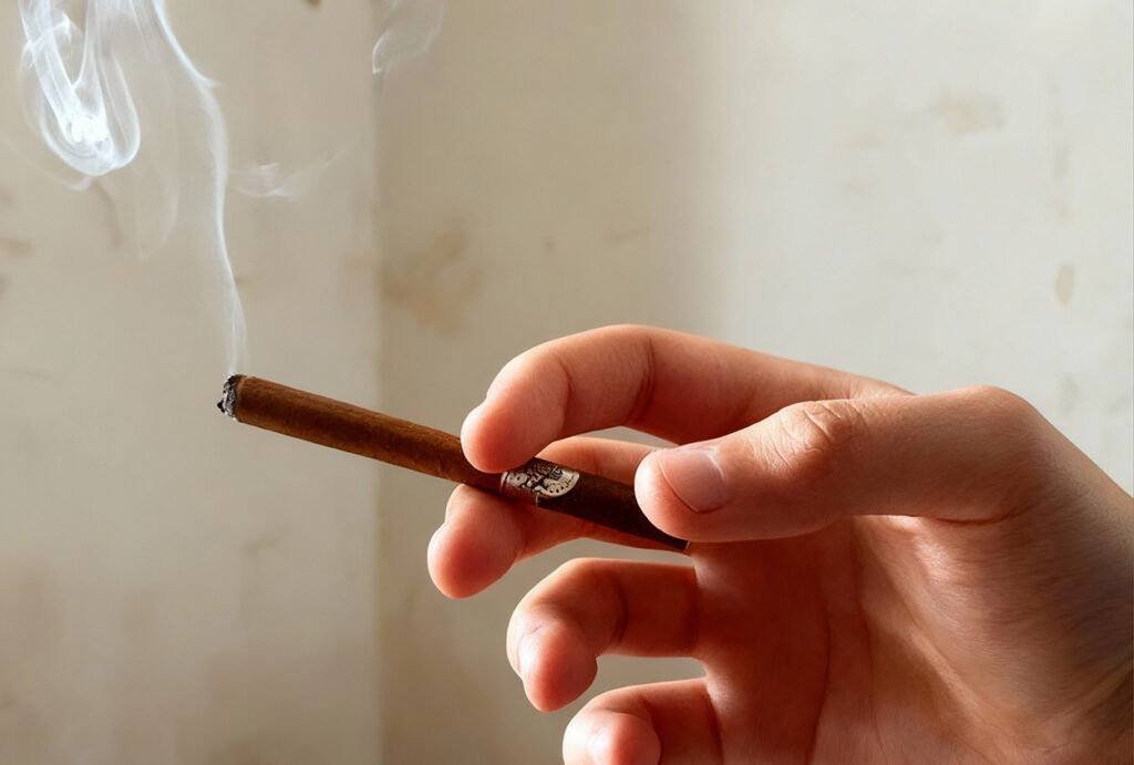 Hand holding a lit hemp CBD cigarillo with smoke rising.