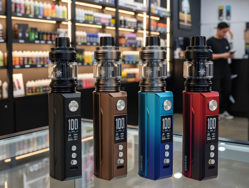 High-end advanced mod kits and hardware on a glass shelf display at a local vape store Sapulpa for experienced users.