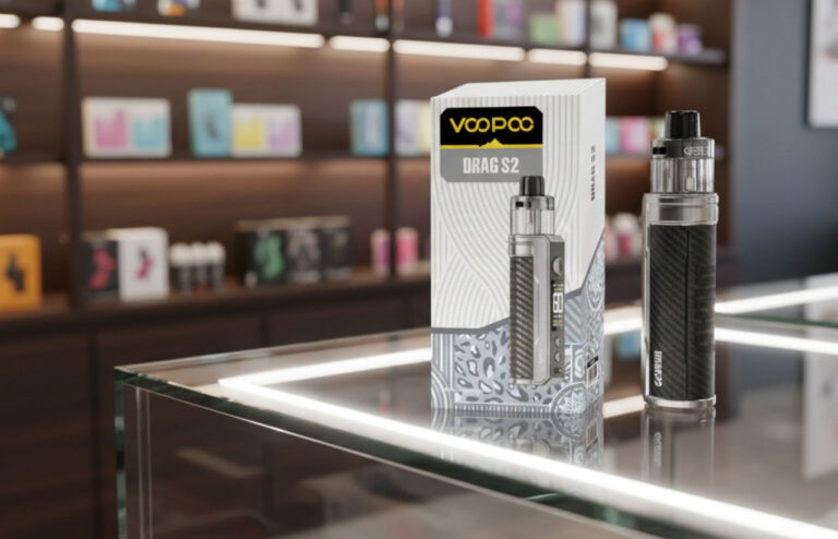 Close up of a VOOPOO Drag S2 device and packaging available now at your favorite professional vape store Sapulpa location.