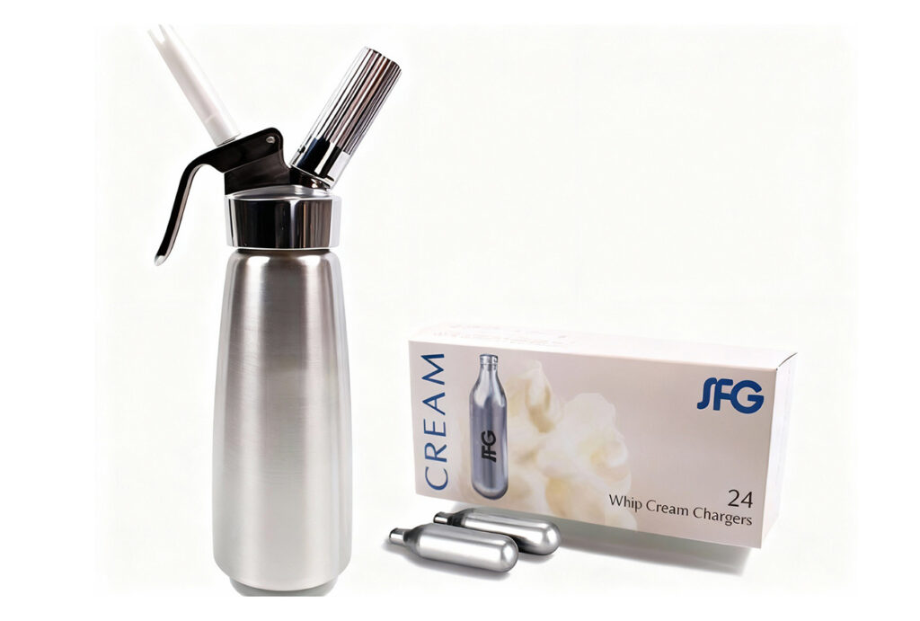 Silver whipped cream dispenser with SF G cream chargers box – premium n20 whipped cream Sapulpa for home use