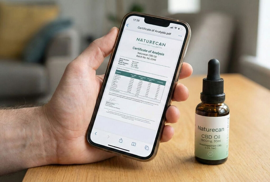 A smartphone displays a lab Certificate of Analysis for the Naturecan CBD Oil bottle, ensuring quality at our CBD Store Sapulpa.