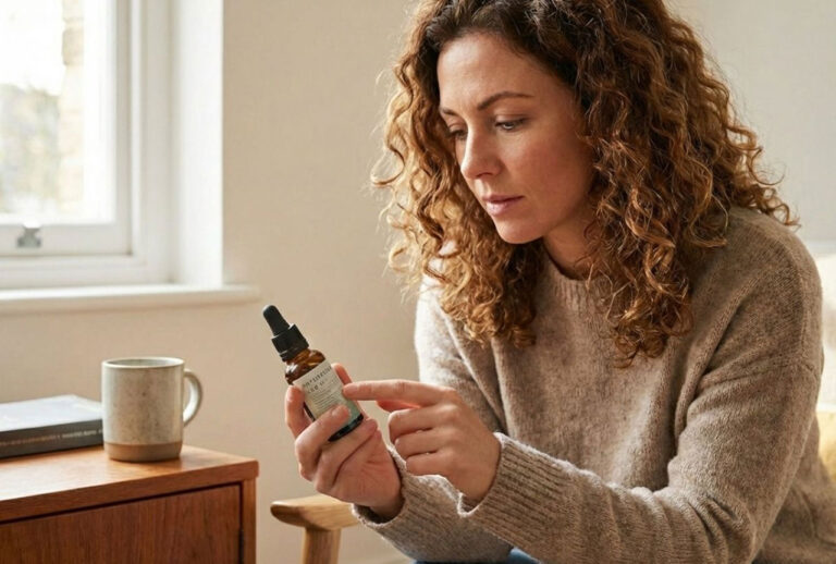 A woman with curly hair carefully reads the label on a bottle of Naturecan CBD Oil, a popular item at our CBD Store Sapulpa.