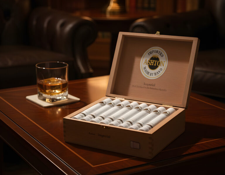 A box of Ashton Imperial cigars next to a glass of whiskey on a table at a luxury-themed cigar shop Owasso destination.