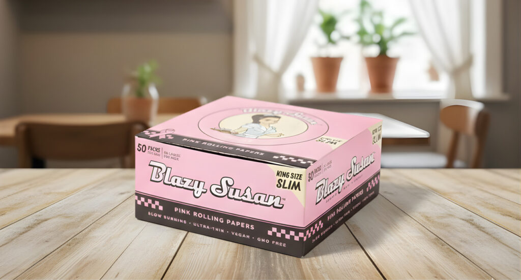 King size slim Blazy Susan pink rolling papers display box available in bulk at our premier local smoke shop Tulsa hub.