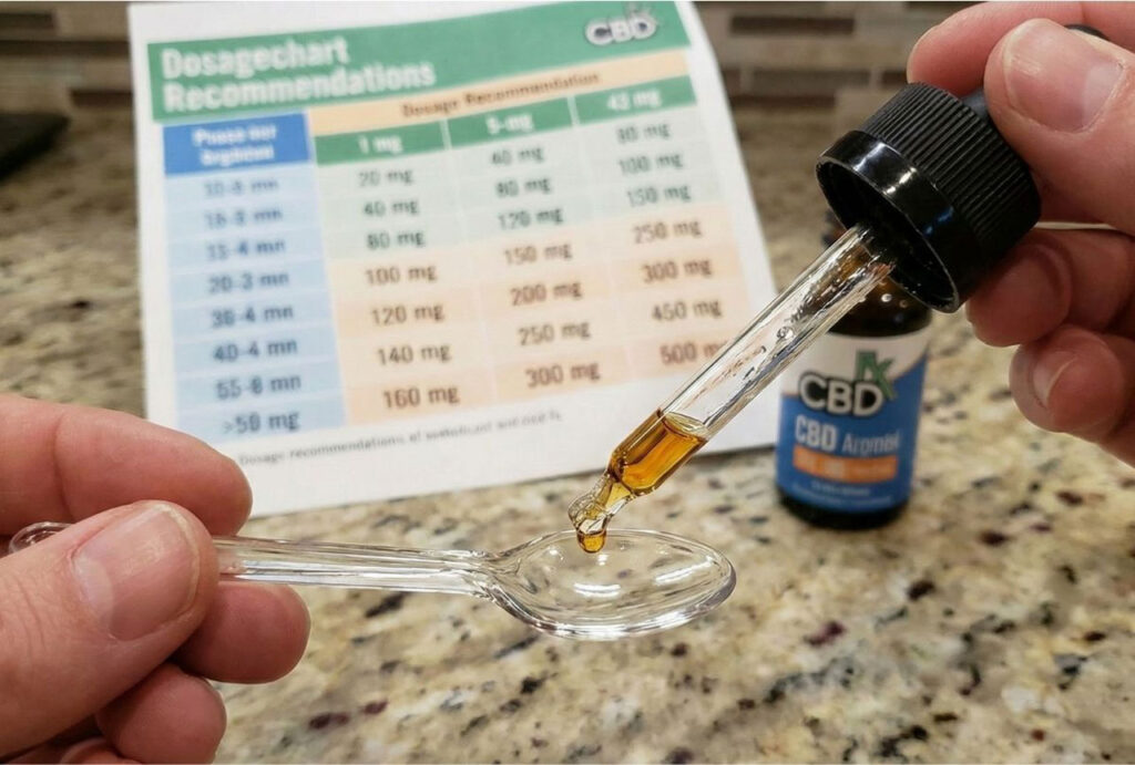CBD Store Sapulpa showing CBD oil dosage chart and dropper use for accurate wellness intake recommendations.