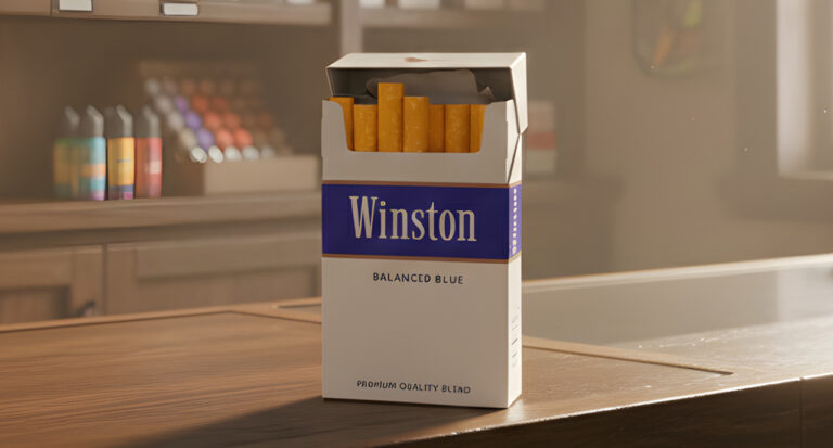 An open pack of Winston Balanced Blue cigarettes displayed on a wooden counter at a local cigarette shop Tulsa store.