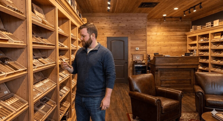 Customer browsing extensive cigar shelves in cozy wooden interior with lounge seating, expert picks available at our cigar shop Broken Arrow.