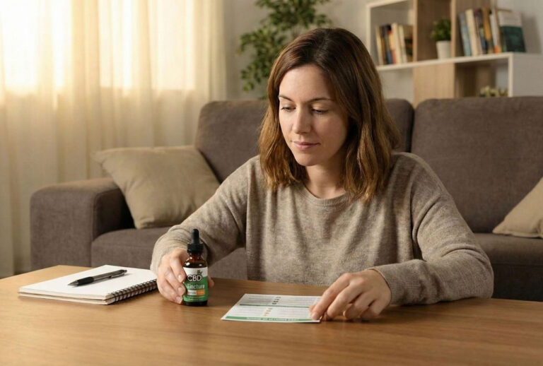 CBD Store Sapulpa customer reviewing CBD tincture details in a relaxed home setting with product sheet.