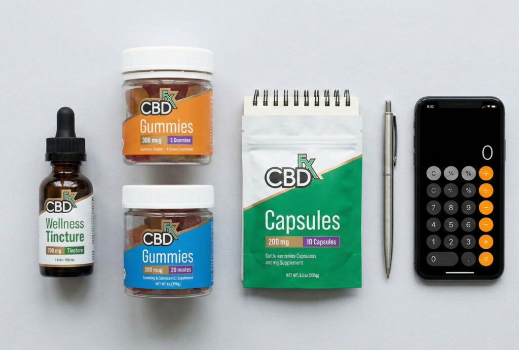 CBD Store Sapulpa featuring CBDfx tincture, gummies, capsules, and dosage planning tools for wellness tracking.